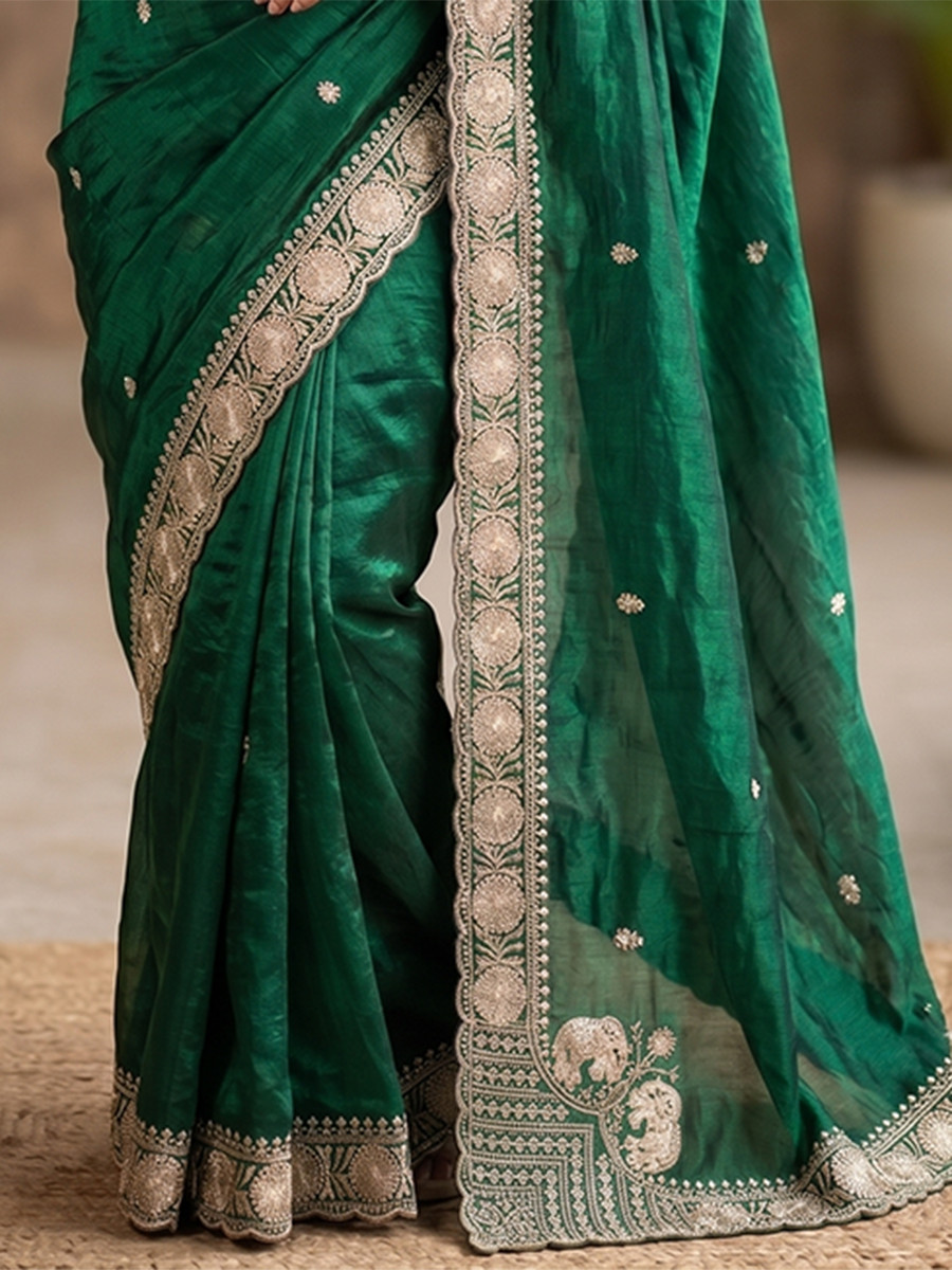 Green Pure Fandy Satin Embroidery Wedding Reception Party Festival Casual Heavy Border Sarees
