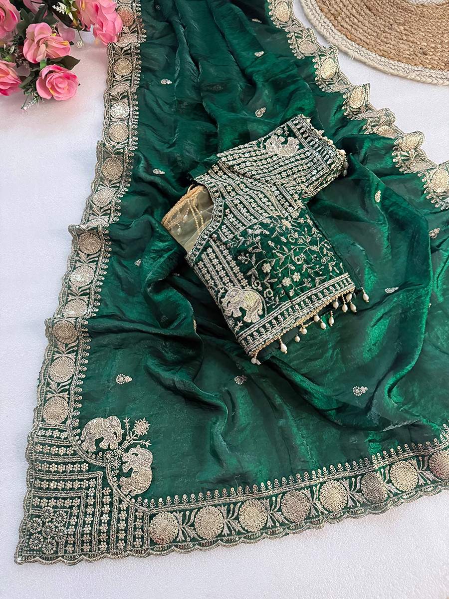 Green Pure Fandy Satin Embroidery Wedding Reception Party Festival Casual Heavy Border Sarees