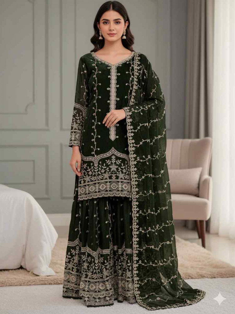 Image of Green Pure Fendy Silk Embroidery Party Wedding Festival Casual Ready Sharara Pant Salwar Kameez