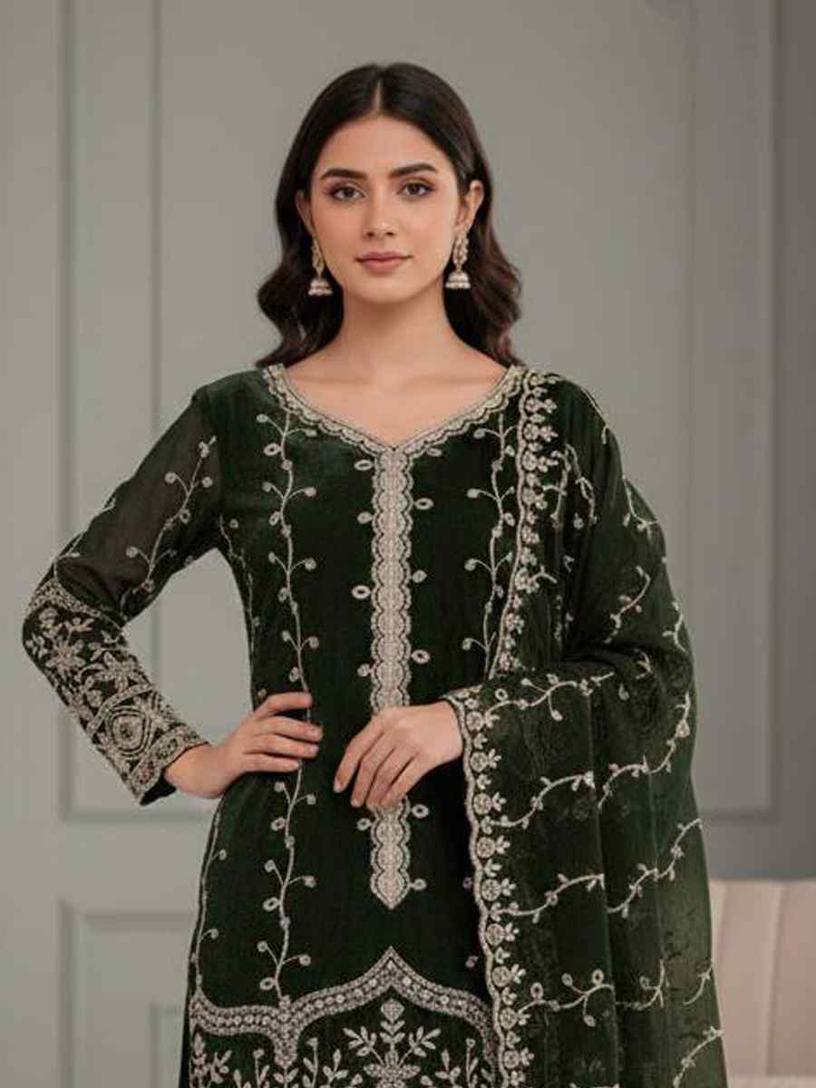Green Pure Fendy Silk Embroidery Party Wedding Festival Casual Ready Sharara Pant Salwar Kameez