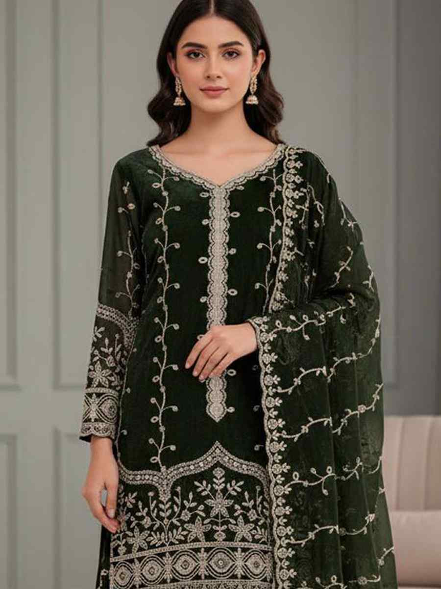 Green Pure Fendy Silk Embroidery Party Wedding Festival Casual Ready Sharara Pant Salwar Kameez