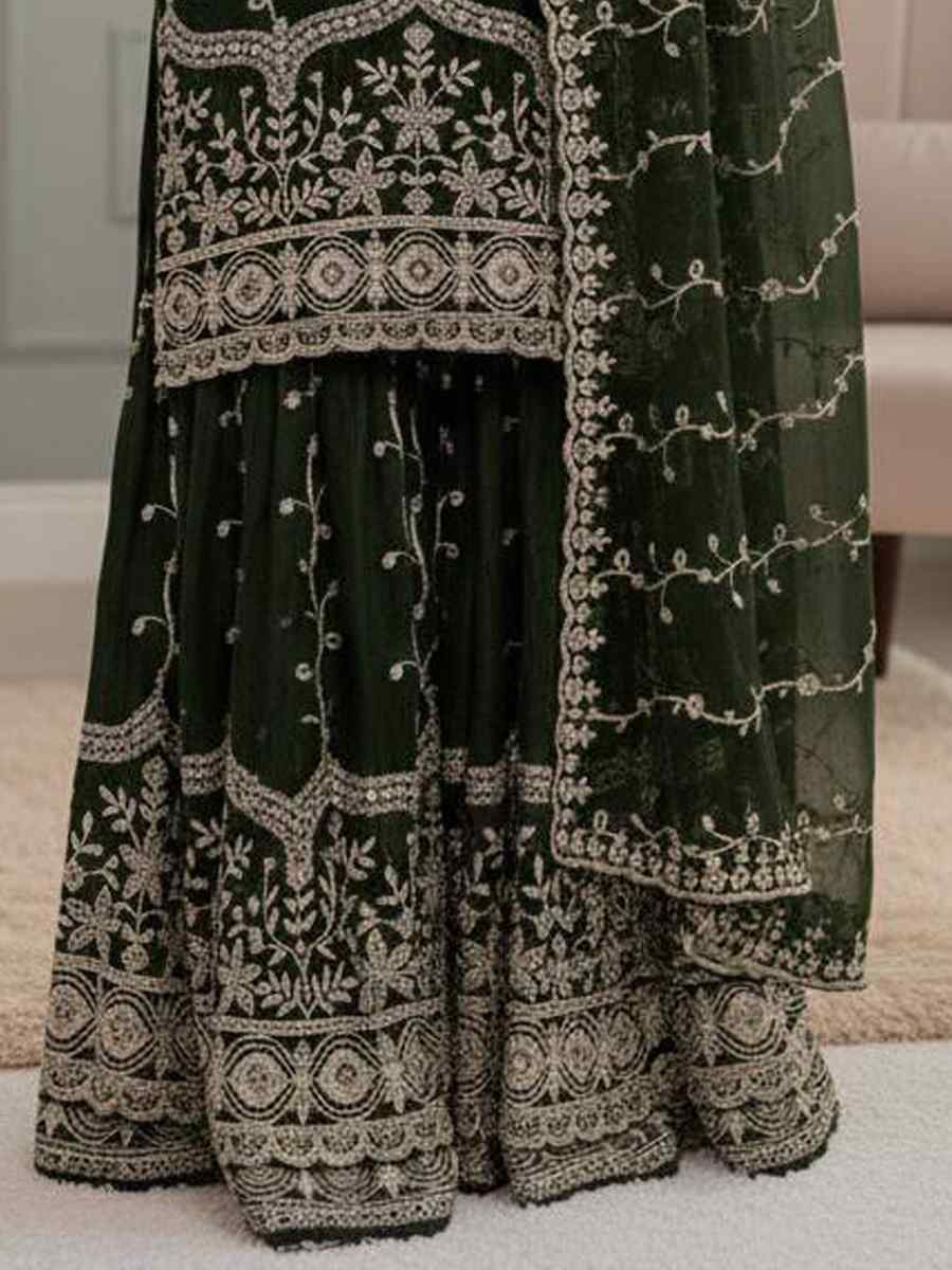 Green Pure Fendy Silk Embroidery Party Wedding Festival Casual Ready Sharara Pant Salwar Kameez