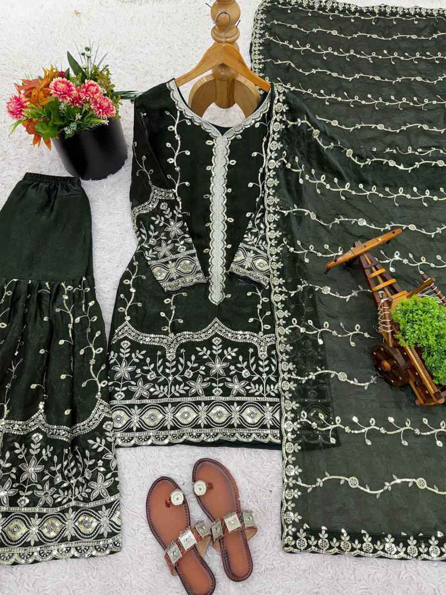 Green Pure Fendy Silk Embroidery Party Wedding Festival Casual Ready Sharara Pant Salwar Kameez