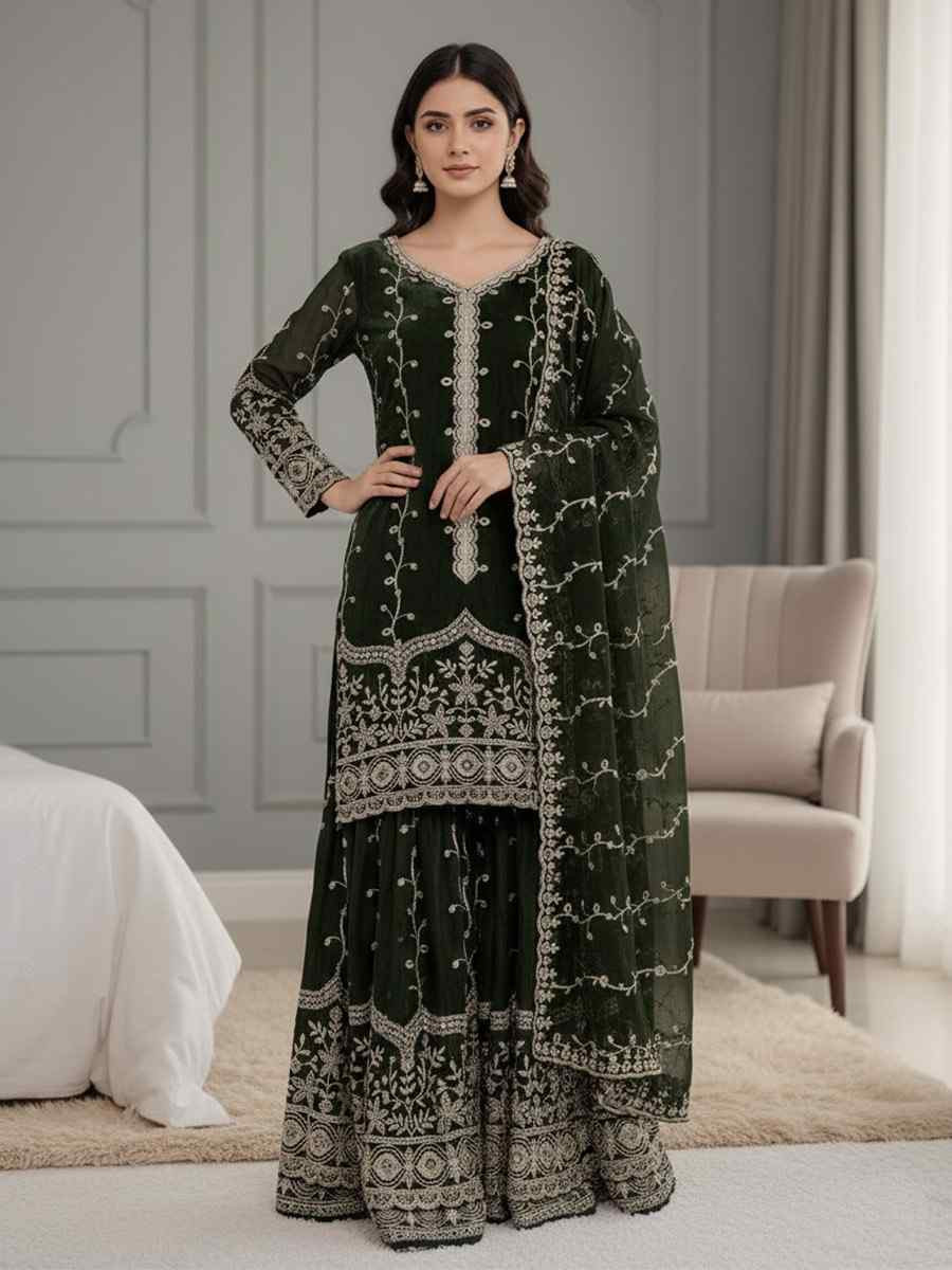 Green Pure Fendy Silk Embroidery Party Wedding Festival Casual Ready Sharara Pant Salwar Kameez