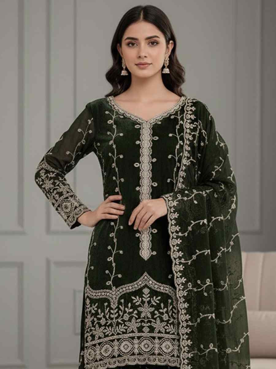 Green Pure Fendy Silk Embroidery Party Wedding Festival Casual Ready Sharara Pant Salwar Kameez