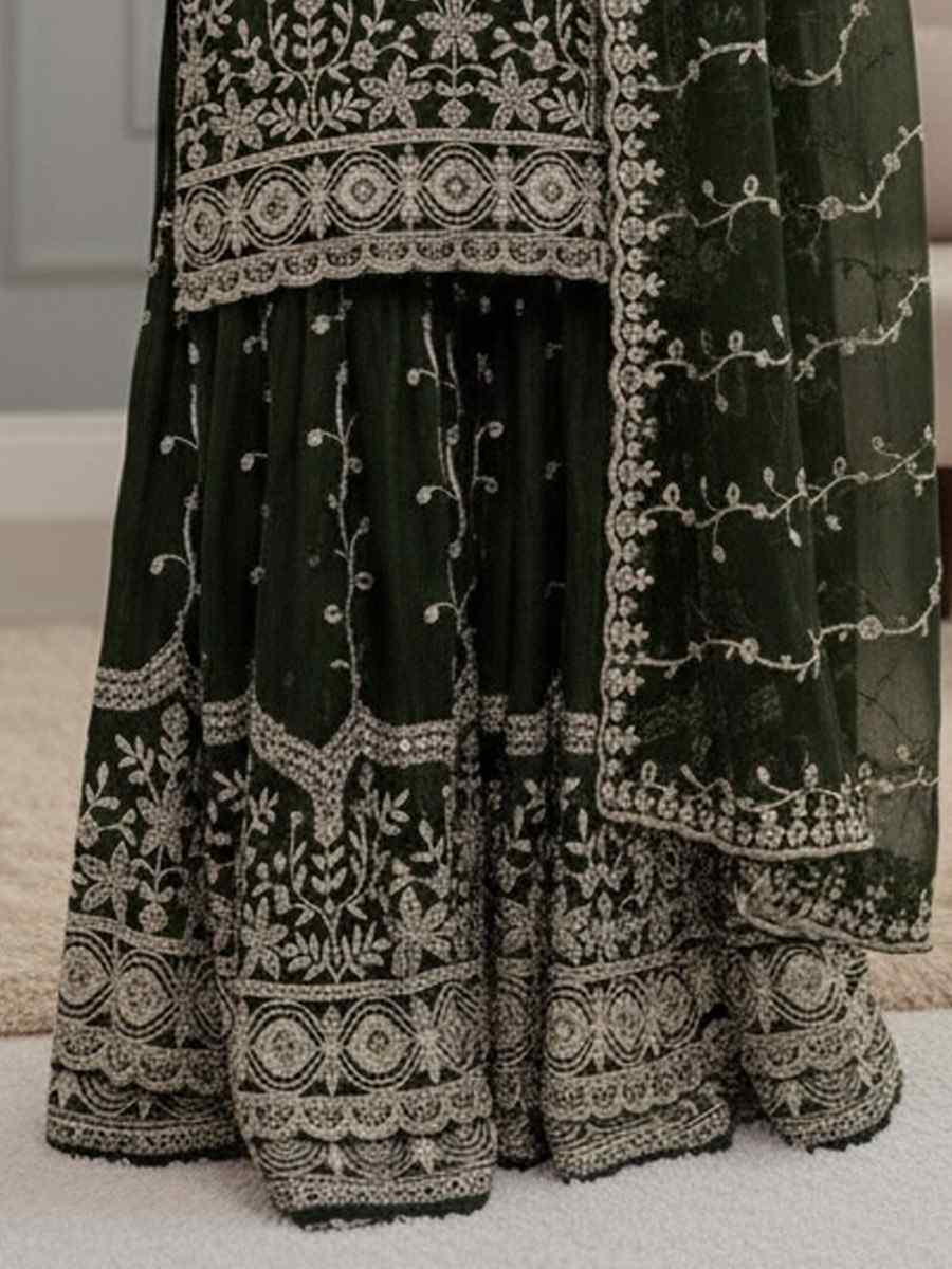 Green Pure Fendy Silk Embroidery Party Wedding Festival Casual Ready Sharara Pant Salwar Kameez