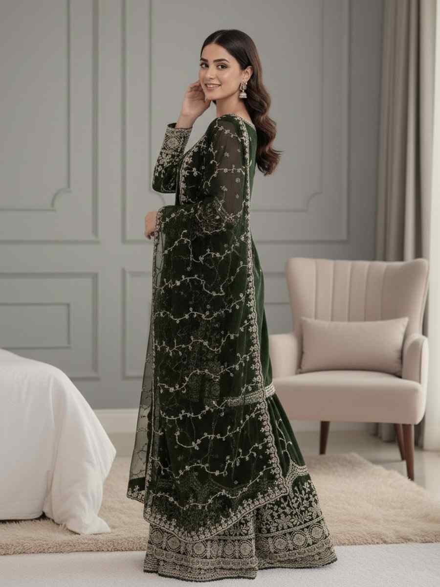 Green Pure Fendy Silk Embroidery Party Wedding Festival Casual Ready Sharara Pant Salwar Kameez