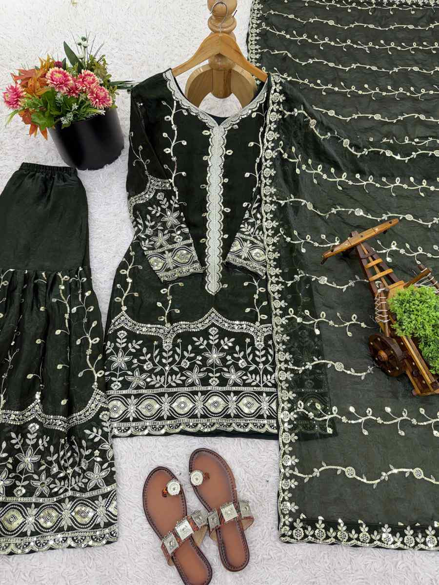 Green Pure Fendy Silk Embroidery Party Wedding Festival Casual Ready Sharara Pant Salwar Kameez