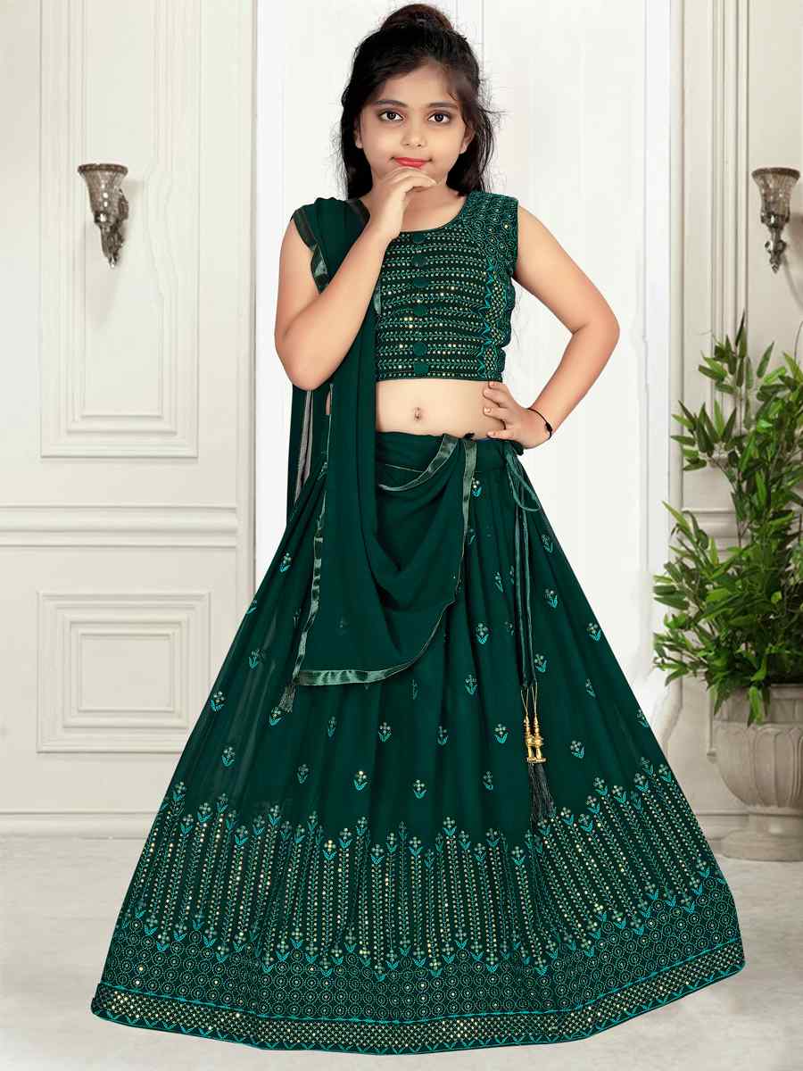 Green Pure Georgette Embroidered Wedding Festival Lehengas Girls Wear