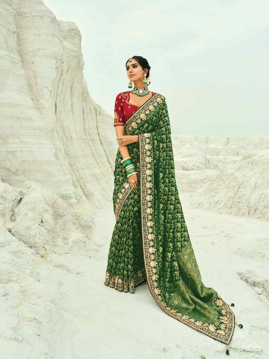 Green Pure Georgette Handwoven Embroidery Bridal Festival Wedding Traditional Fancy Heavy Border Sarees
