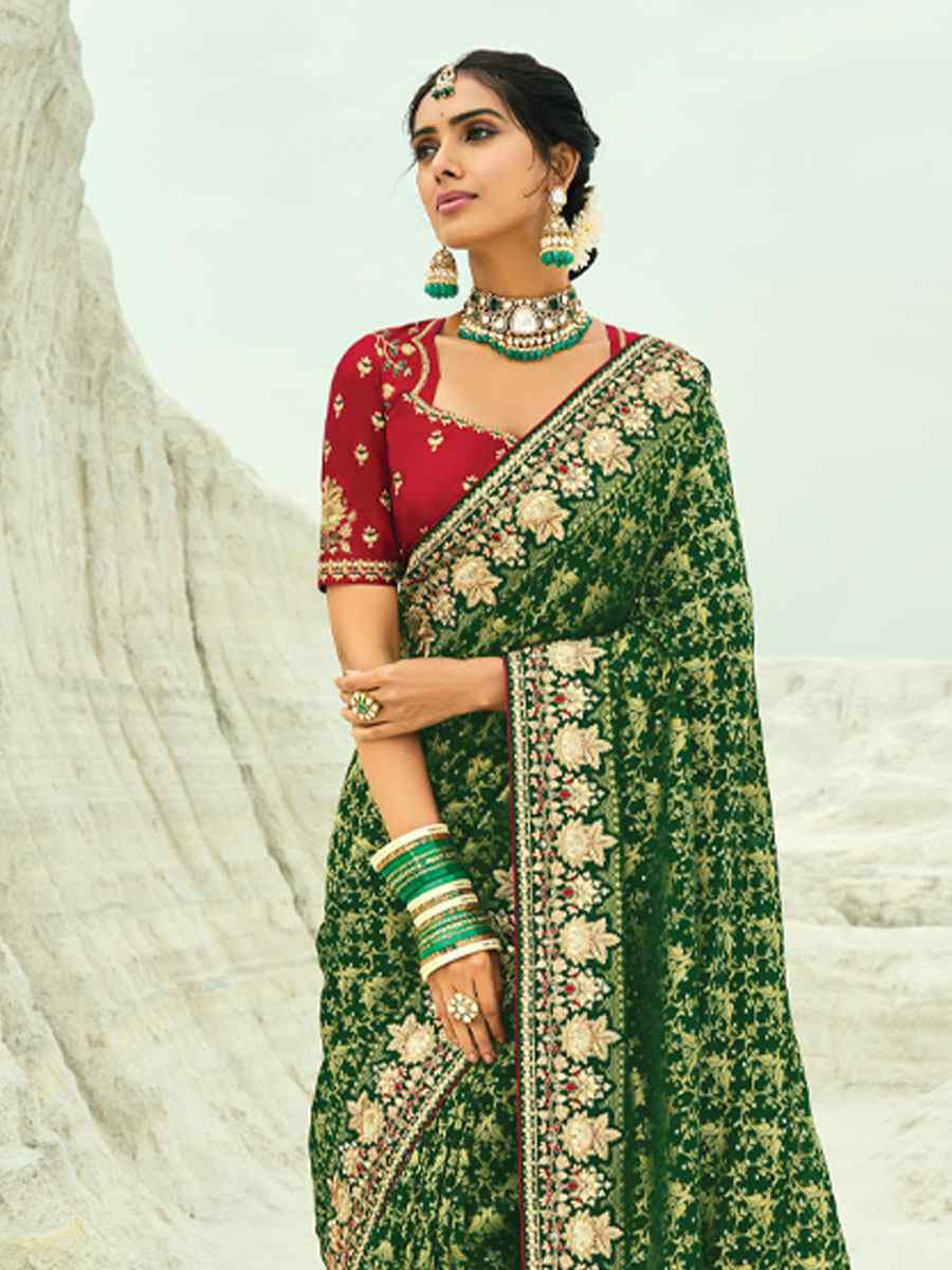 Green Pure Georgette Handwoven Embroidery Bridal Festival Wedding Traditional Fancy Heavy Border Sarees