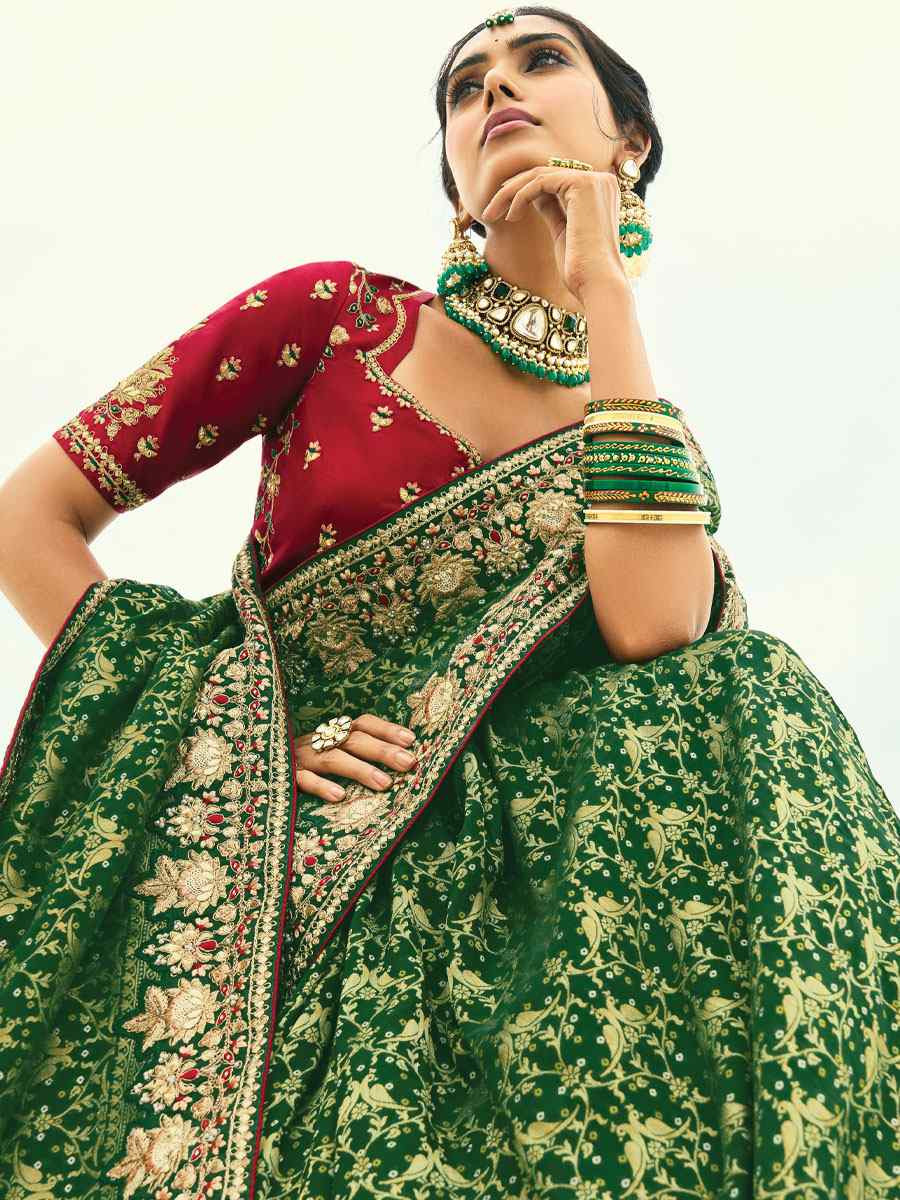 Green Pure Georgette Handwoven Embroidery Bridal Festival Wedding Traditional Fancy Heavy Border Sarees