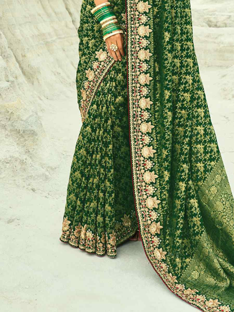Green Pure Georgette Handwoven Embroidery Bridal Festival Wedding Traditional Fancy Heavy Border Sarees