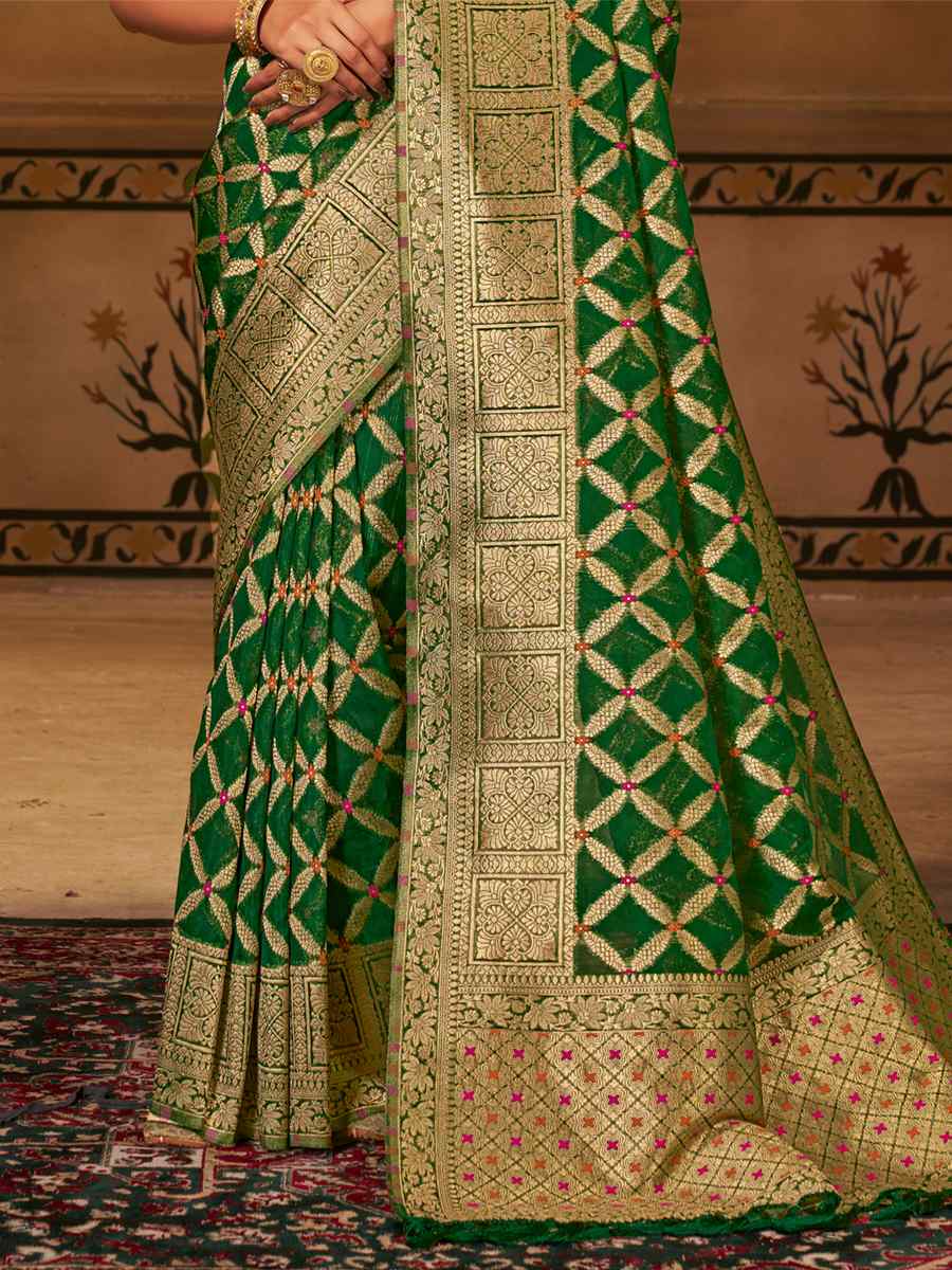 Green Pure Georgette Handwoven Wedding Festival Heavy Border Saree