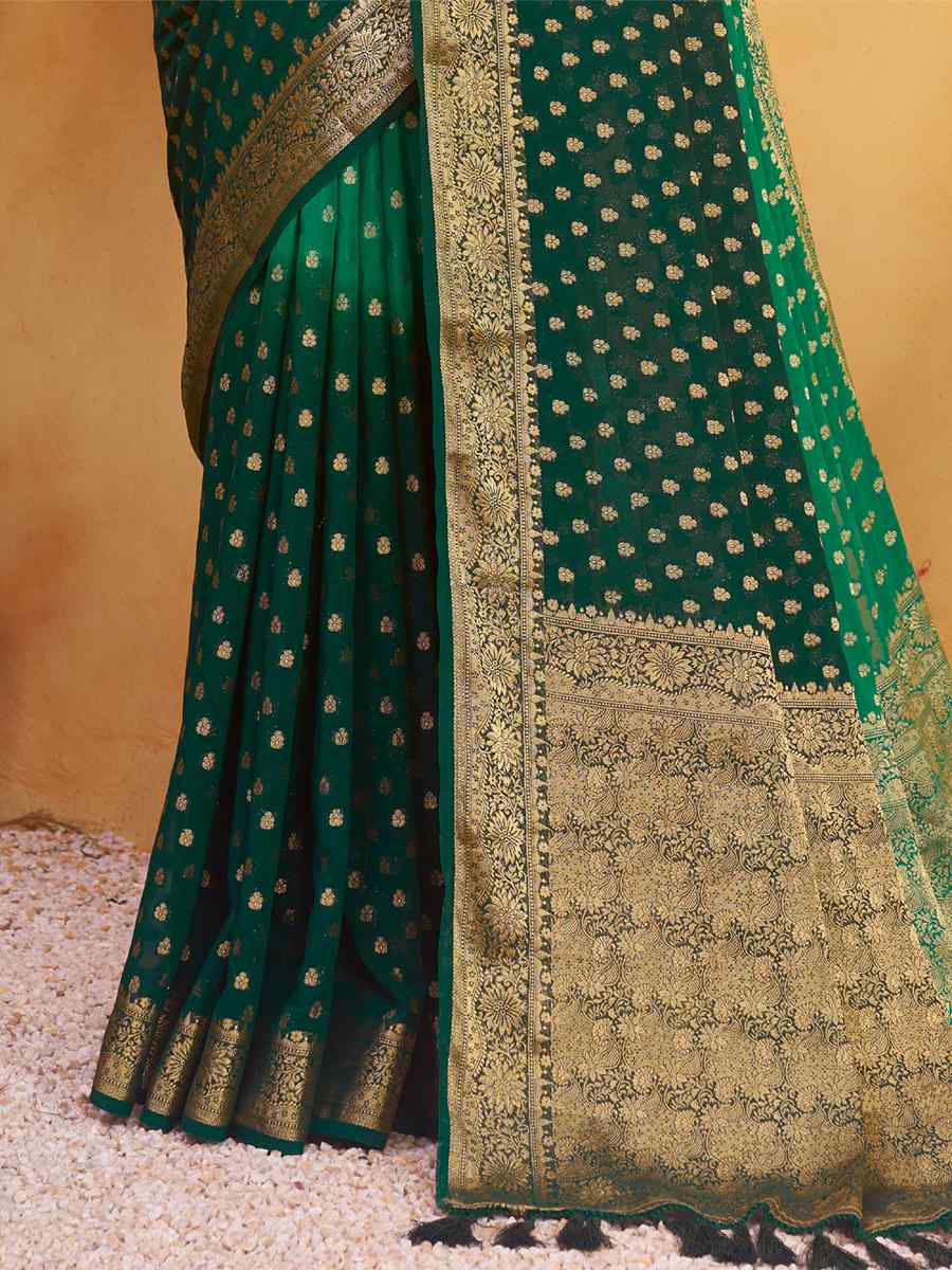 Green Pure Georgette Handwoven Wedding Festival Heavy Border Saree
