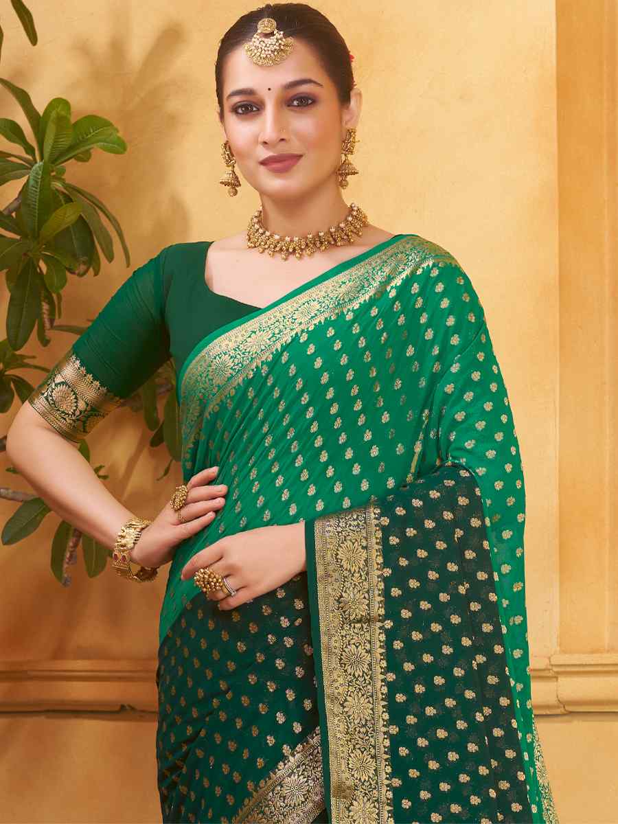Green Pure Georgette Handwoven Wedding Festival Heavy Border Saree