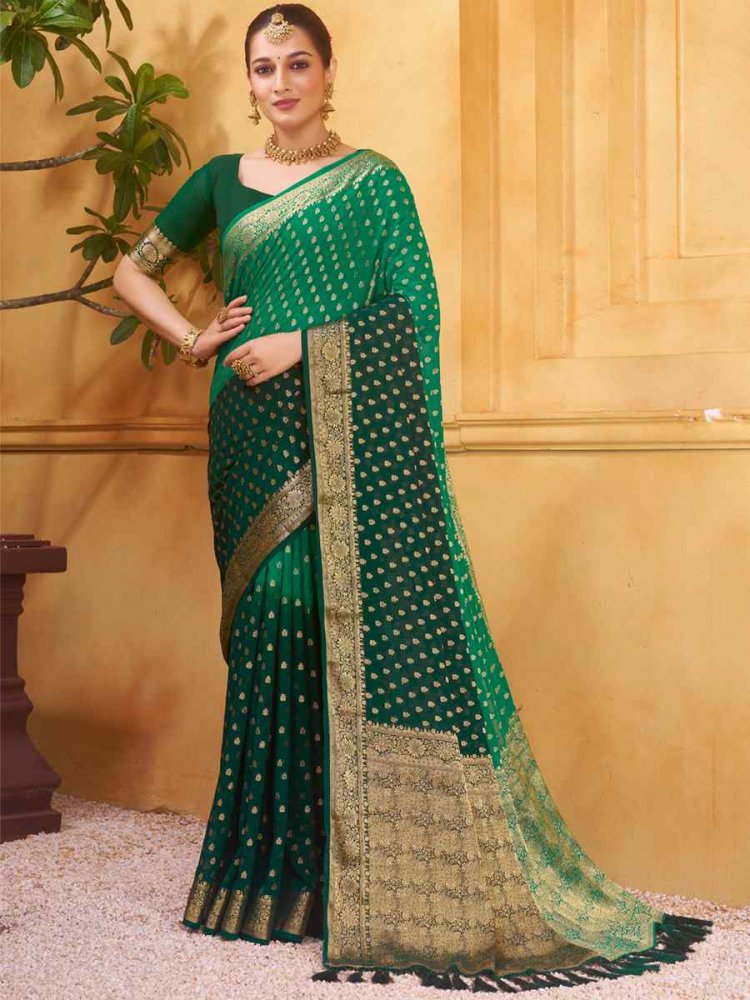 Green Pure Georgette Handwoven Wedding Festival Heavy Border Saree