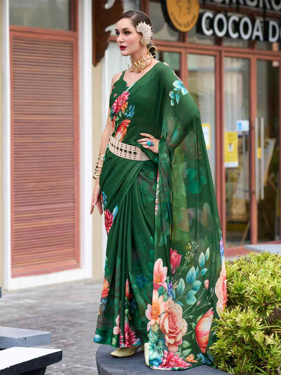 Green Pure Georgette Printed Casual Festival Contemporary Saree