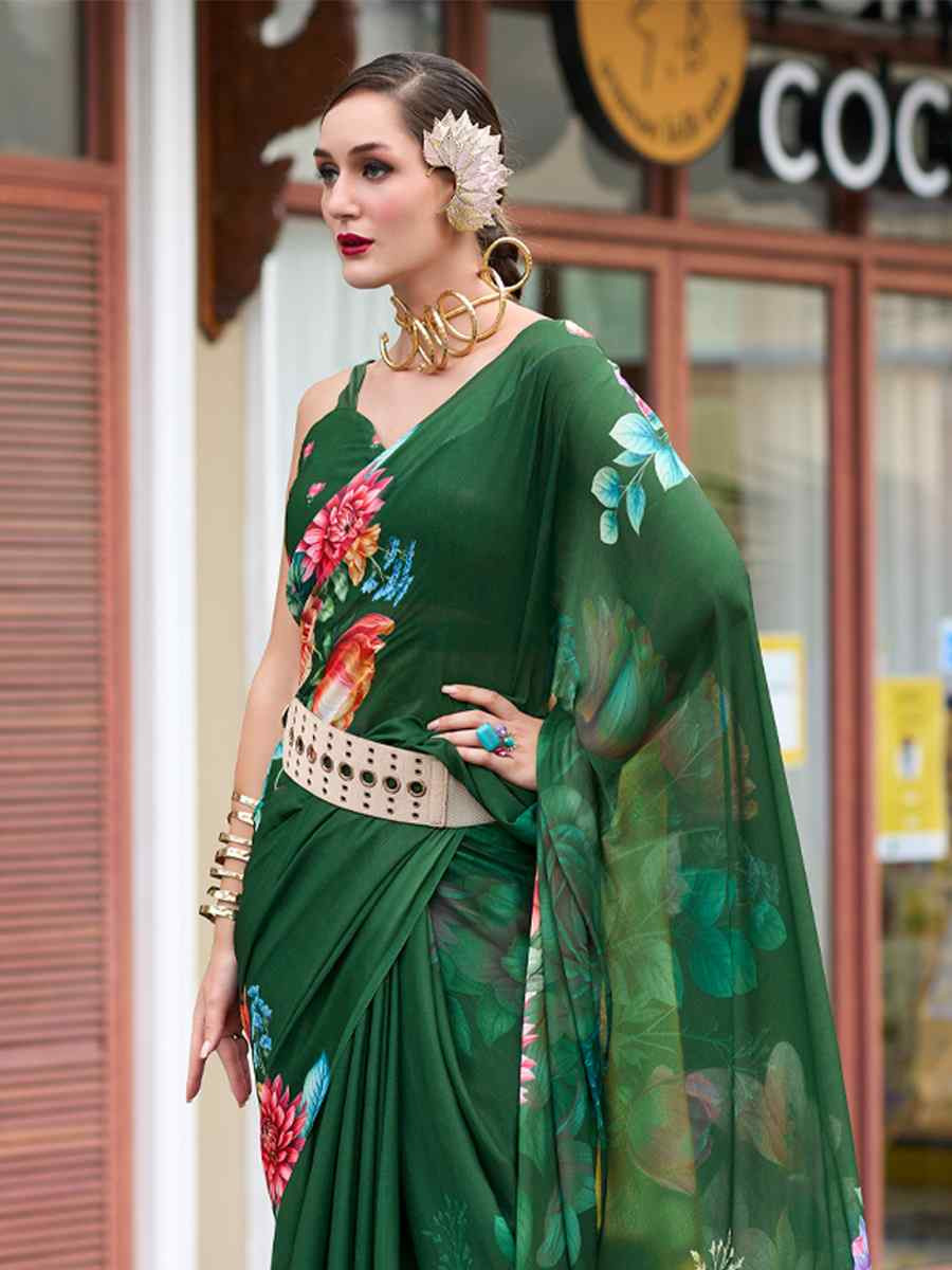 Green Pure Georgette Printed Casual Festival Contemporary Saree