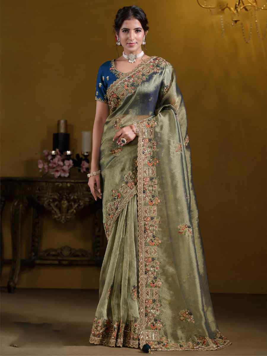 Green Pure Georgette with Zari Organza Silk Embroidered Festival Wedding Fancy Heavy Border Saree