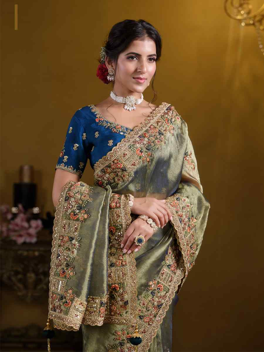 Green Pure Georgette with Zari Organza Silk Embroidered Festival Wedding Fancy Heavy Border Saree
