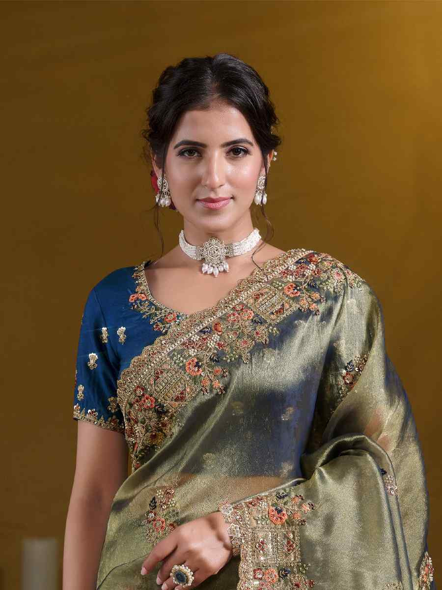 Green Pure Georgette with Zari Organza Silk Embroidered Festival Wedding Fancy Heavy Border Saree