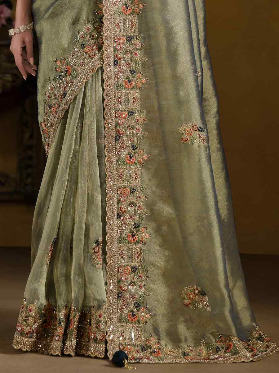Green Pure Georgette with Zari Organza Silk Embroidered Festival Wedding Fancy Heavy Border Saree
