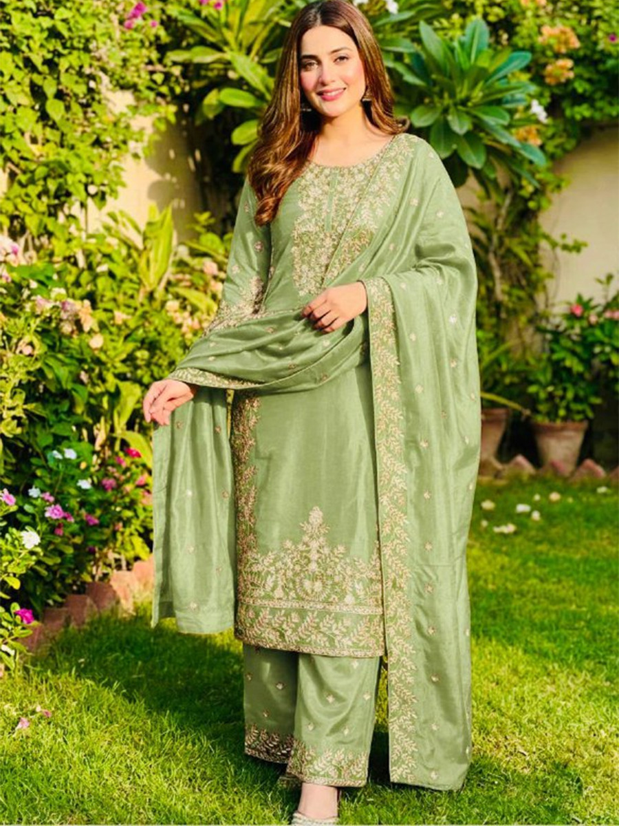 Green Pure Gmy Silk Embroidery Sequins Party Wedding Festival Casual Ready Palazzo Pant Salwar Kameez
