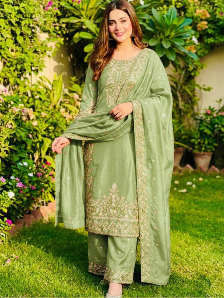 Image of Green Pure Gmy Silk Embroidery Sequins Party Wedding Festival Casual Ready Palazzo Pant Salwar Kameez