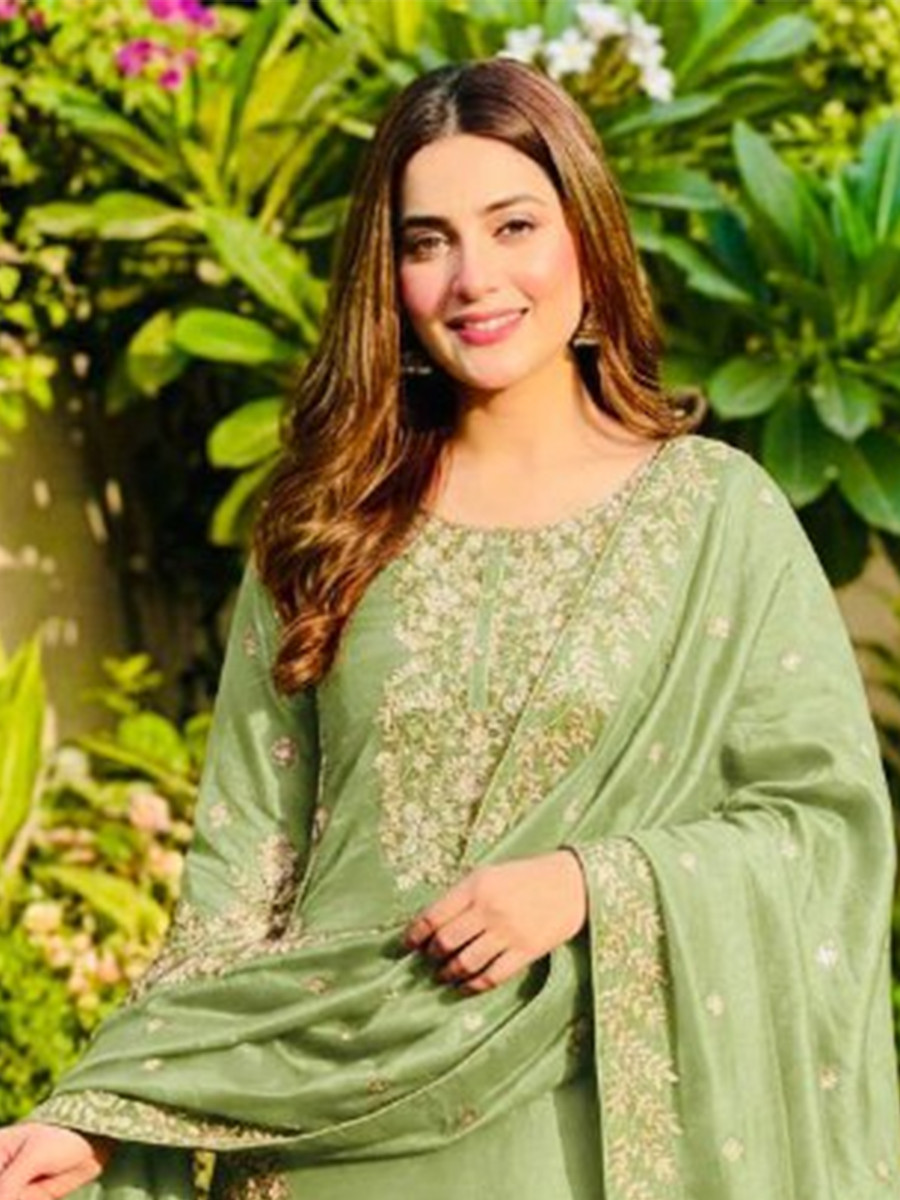 Green Pure Gmy Silk Embroidery Sequins Party Wedding Festival Casual Ready Palazzo Pant Salwar Kameez