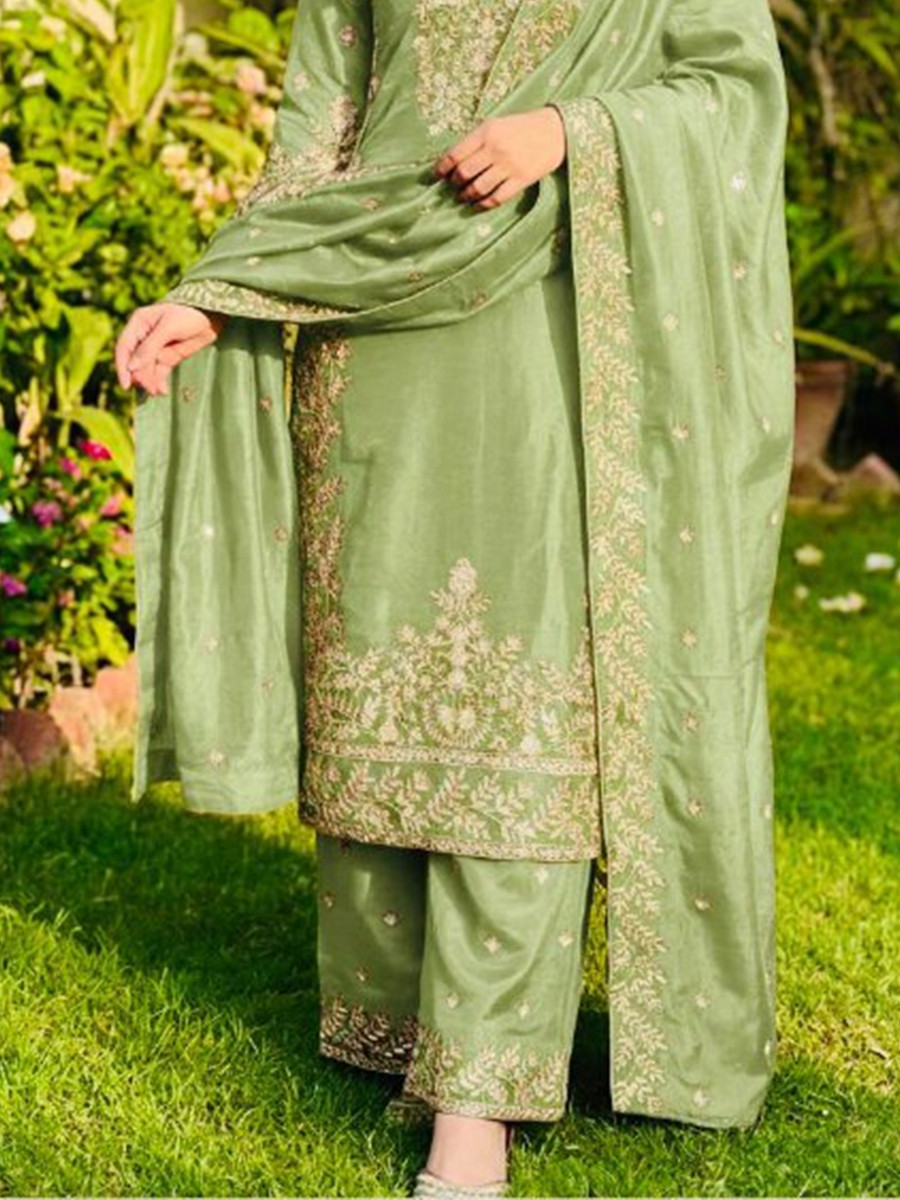 Green Pure Gmy Silk Embroidery Sequins Party Wedding Festival Casual Ready Palazzo Pant Salwar Kameez