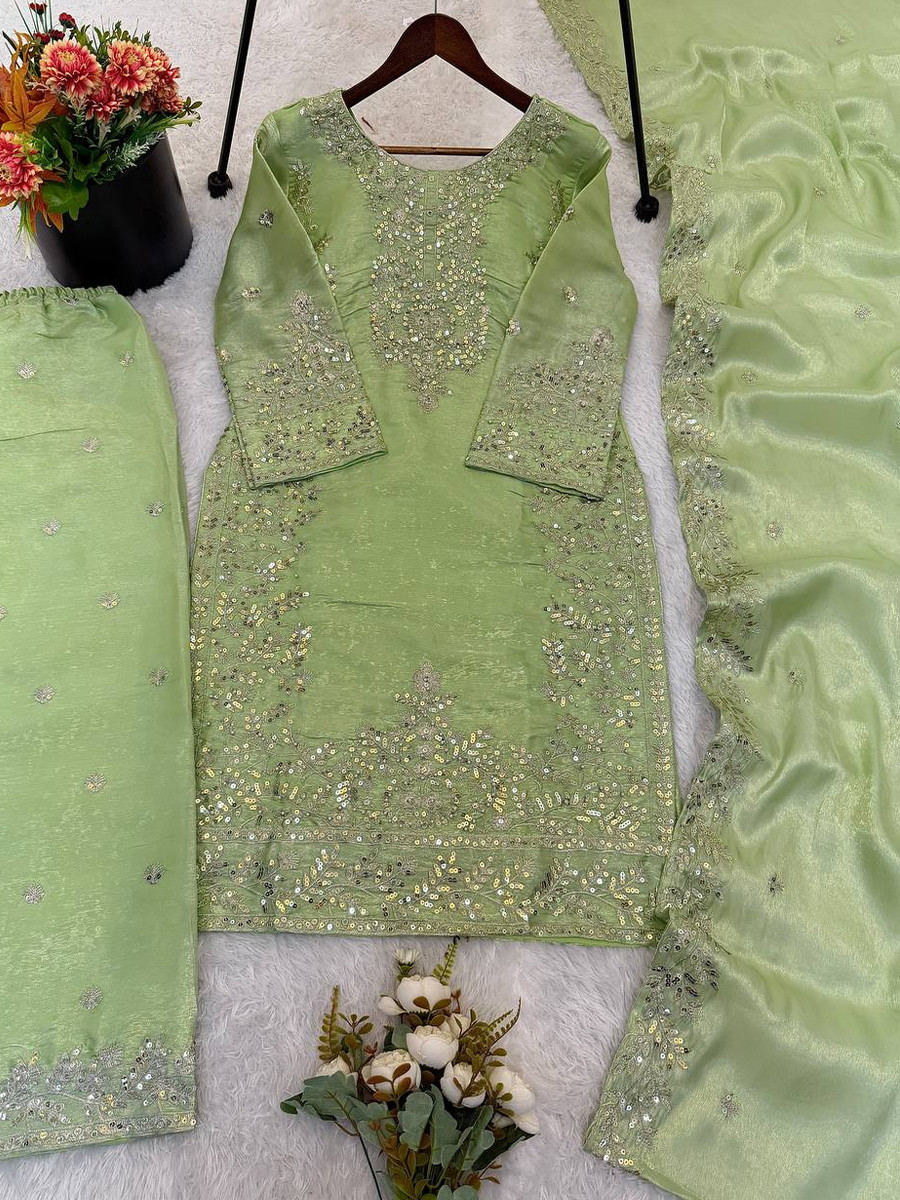 Green Pure Gmy Silk Embroidery Sequins Party Wedding Festival Casual Ready Palazzo Pant Salwar Kameez