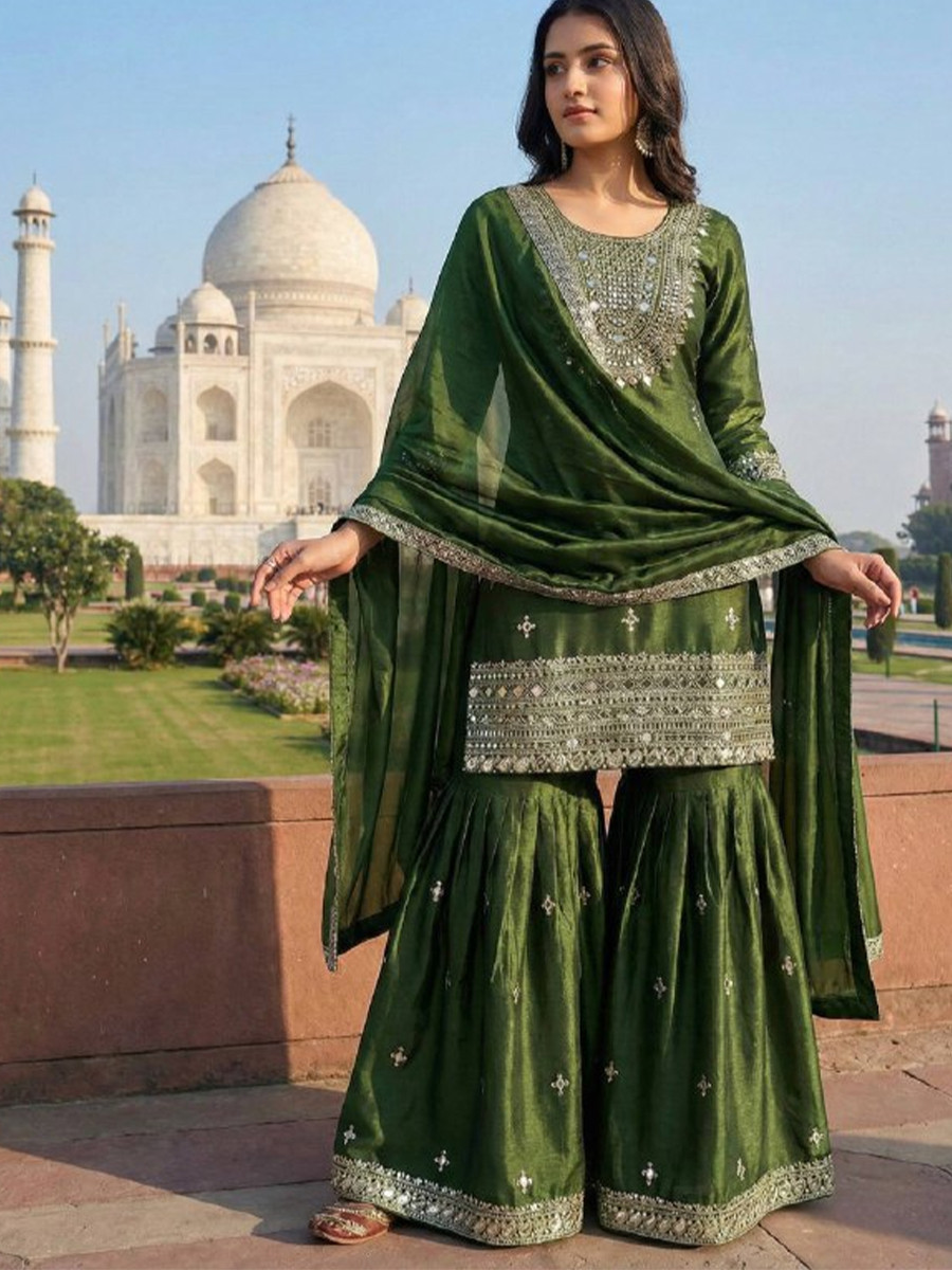 Green Pure Gmy Silk Embroidery Sequins Party Wedding Festival Casual Ready Sharara Pant Salwar Kameez