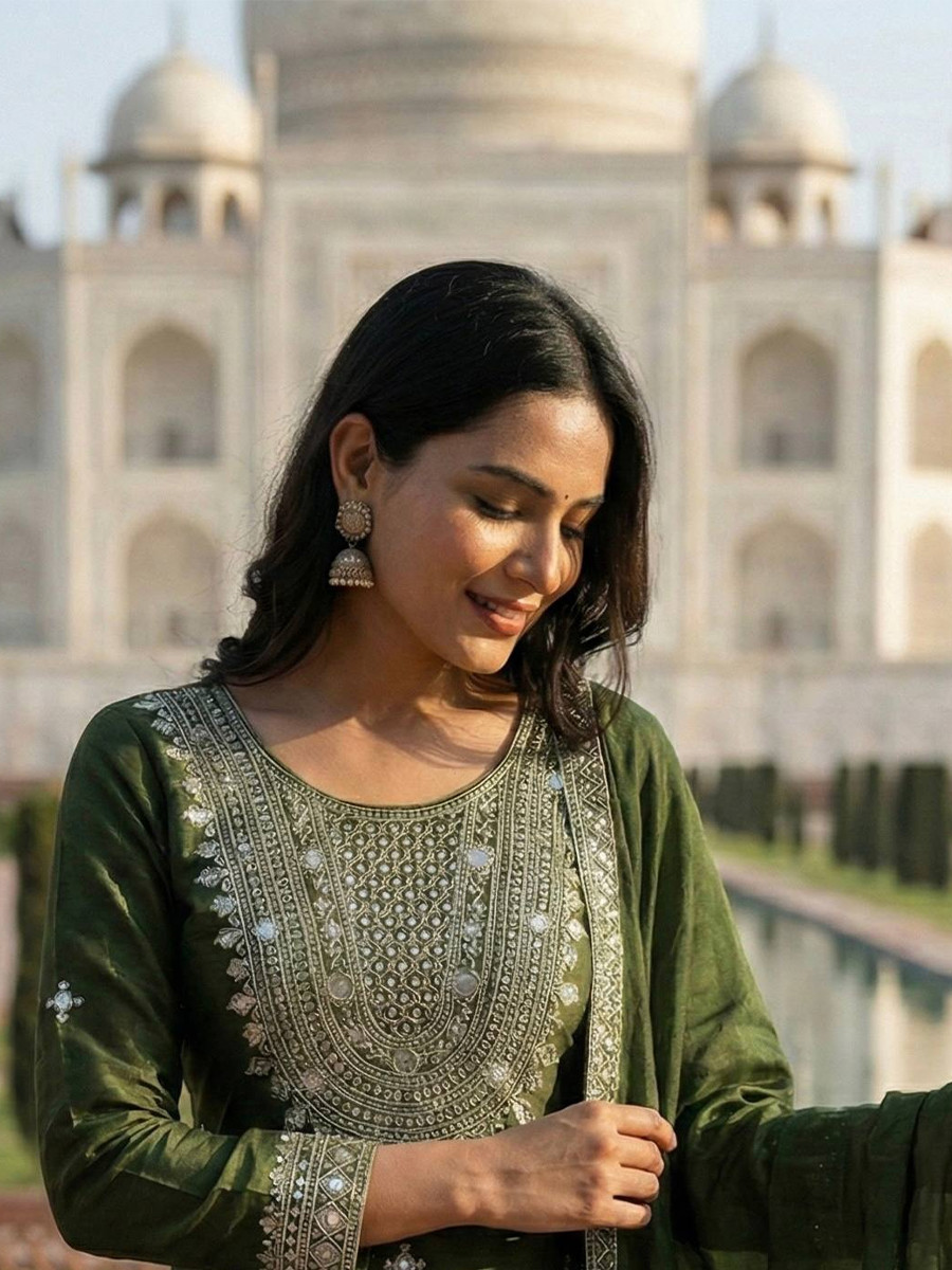 Green Pure Gmy Silk Embroidery Sequins Party Wedding Festival Casual Ready Sharara Pant Salwar Kameez