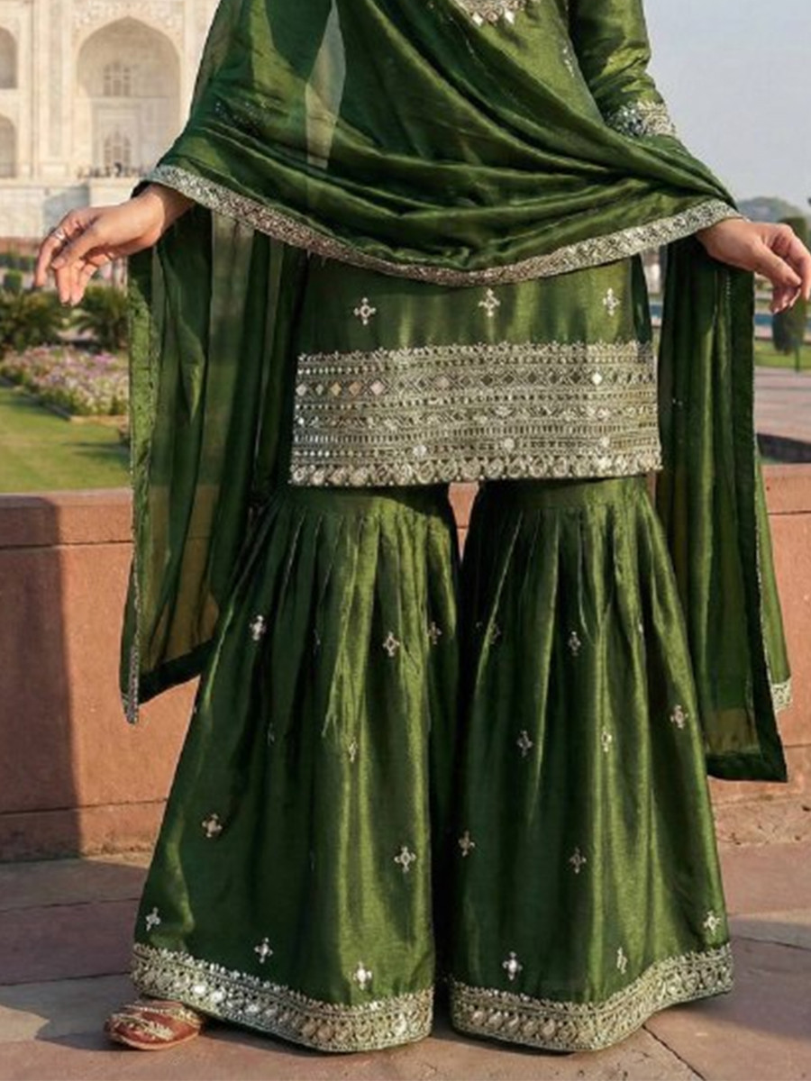 Green Pure Gmy Silk Embroidery Sequins Party Wedding Festival Casual Ready Sharara Pant Salwar Kameez