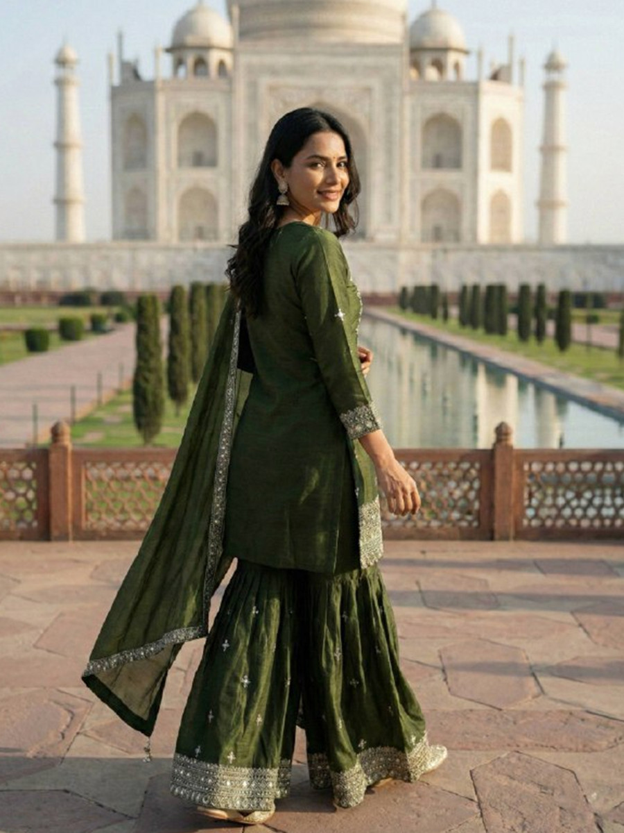 Green Pure Gmy Silk Embroidery Sequins Party Wedding Festival Casual Ready Sharara Pant Salwar Kameez