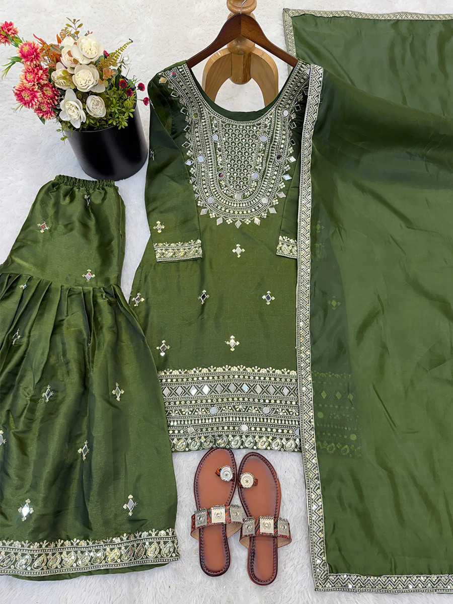 Green Pure Gmy Silk Embroidery Sequins Party Wedding Festival Casual Ready Sharara Pant Salwar Kameez