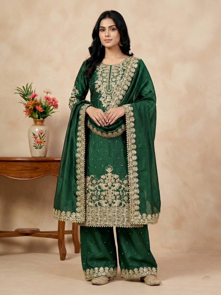 Green Pure Gmy Silk Embroidery Sequins Zari Party Wedding Engagement Festival Ready Palazzo Pant Salwar Kameez