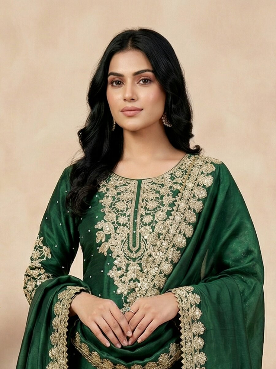 Green Pure Gmy Silk Embroidery Sequins Zari Party Wedding Engagement Festival Ready Palazzo Pant Salwar Kameez