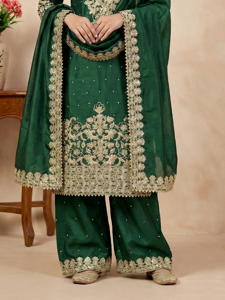 Green Pure Gmy Silk Embroidery Sequins Zari Party Wedding Engagement Festival Ready Palazzo Pant Salwar Kameez
