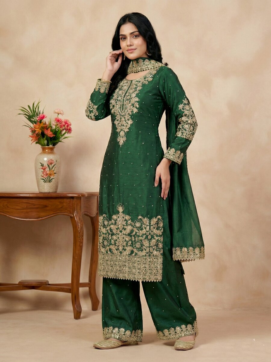 Green Pure Gmy Silk Embroidery Sequins Zari Party Wedding Engagement Festival Ready Palazzo Pant Salwar Kameez