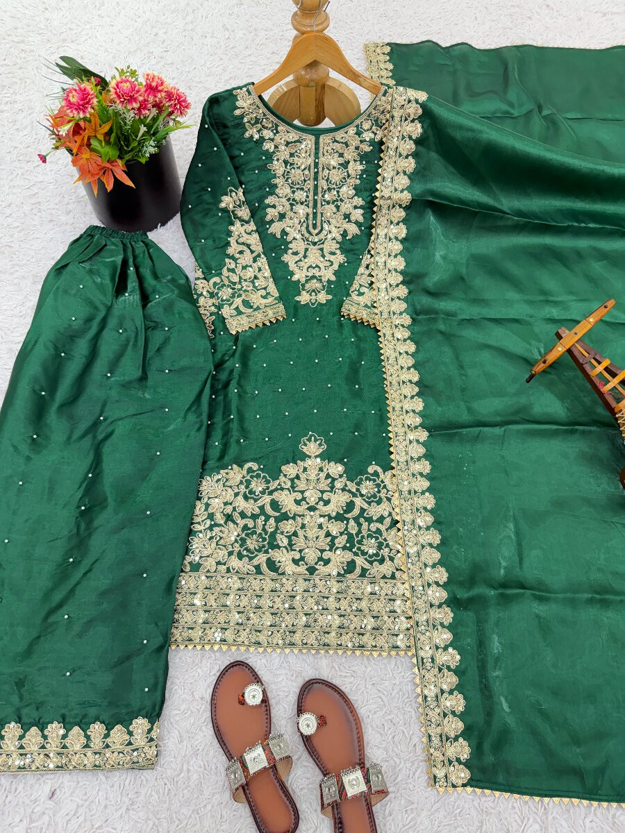 Green Pure Gmy Silk Embroidery Sequins Zari Party Wedding Engagement Festival Ready Palazzo Pant Salwar Kameez