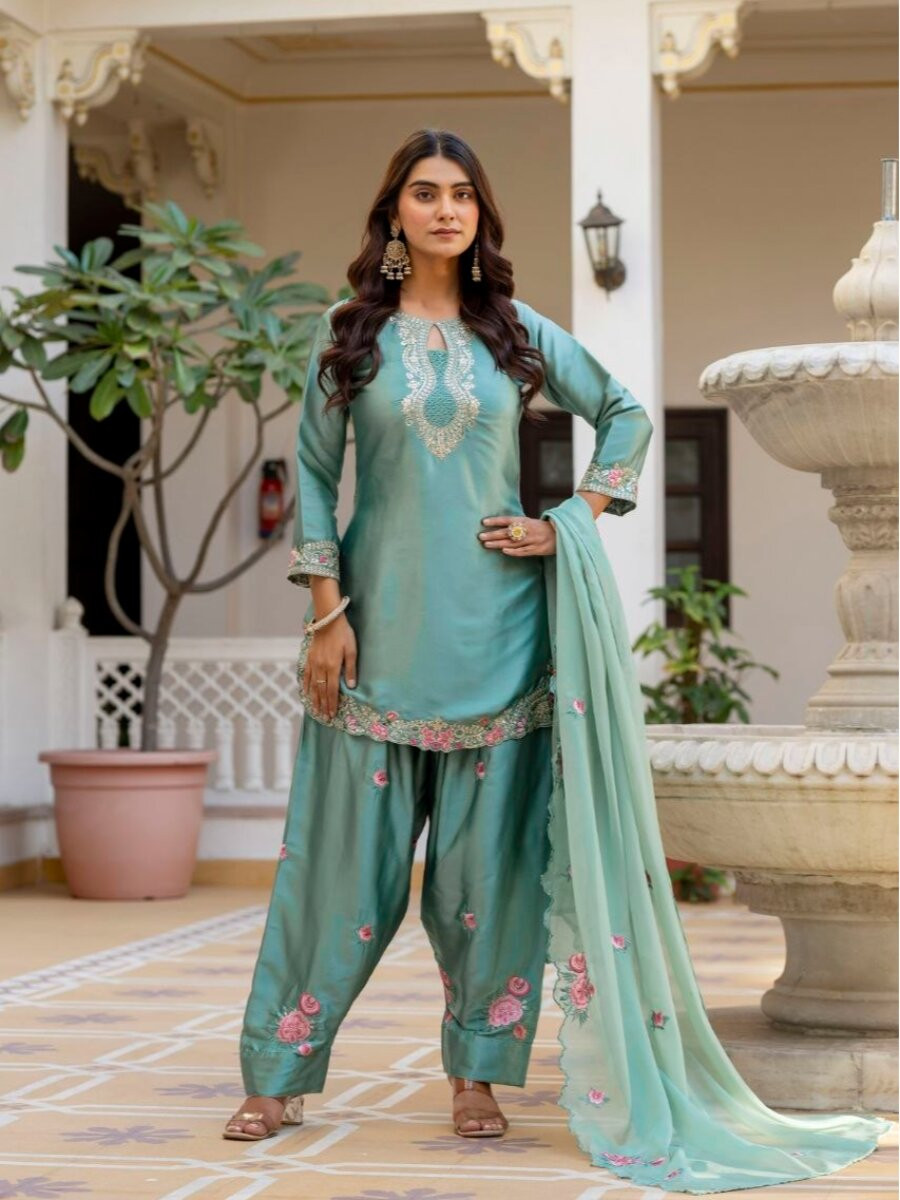 Green Pure Japan Satin Embroidery Sequins Zari Wedding Party Festival Ready Palazzo Pant Salwar Kameez