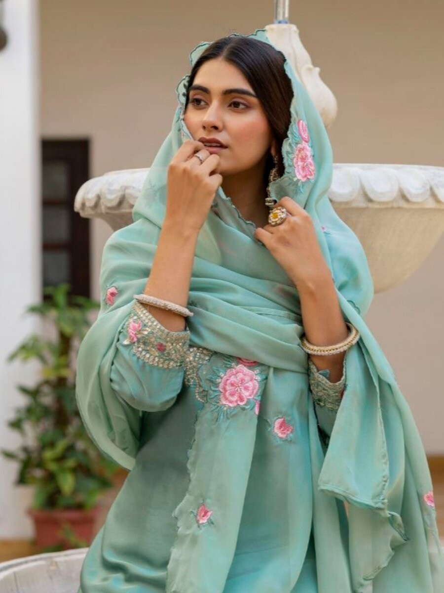 Green Pure Japan Satin Embroidery Sequins Zari Wedding Party Festival Ready Palazzo Pant Salwar Kameez