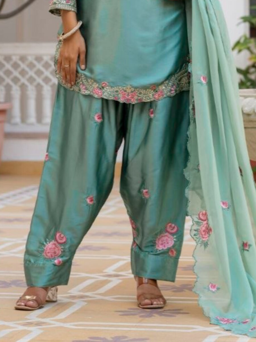 Green Pure Japan Satin Embroidery Sequins Zari Wedding Party Festival Ready Palazzo Pant Salwar Kameez