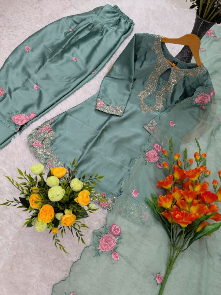 Green Pure Japan Satin Embroidery Sequins Zari Wedding Party Festival Ready Palazzo Pant Salwar Kameez