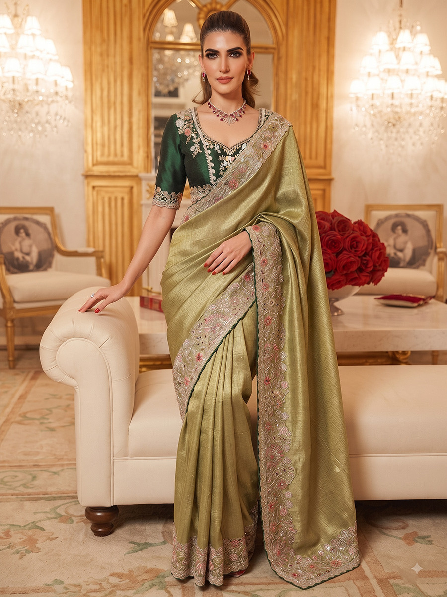 Green Pure Kanjivarm Silk Embroidery Wedding Reception Party Festival Casual Heavy Border Sarees