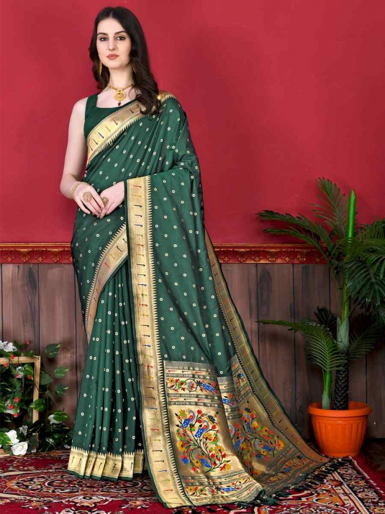 Green Pure Lichi Silk Handwoven Wedding Festival Heavy Border Saree