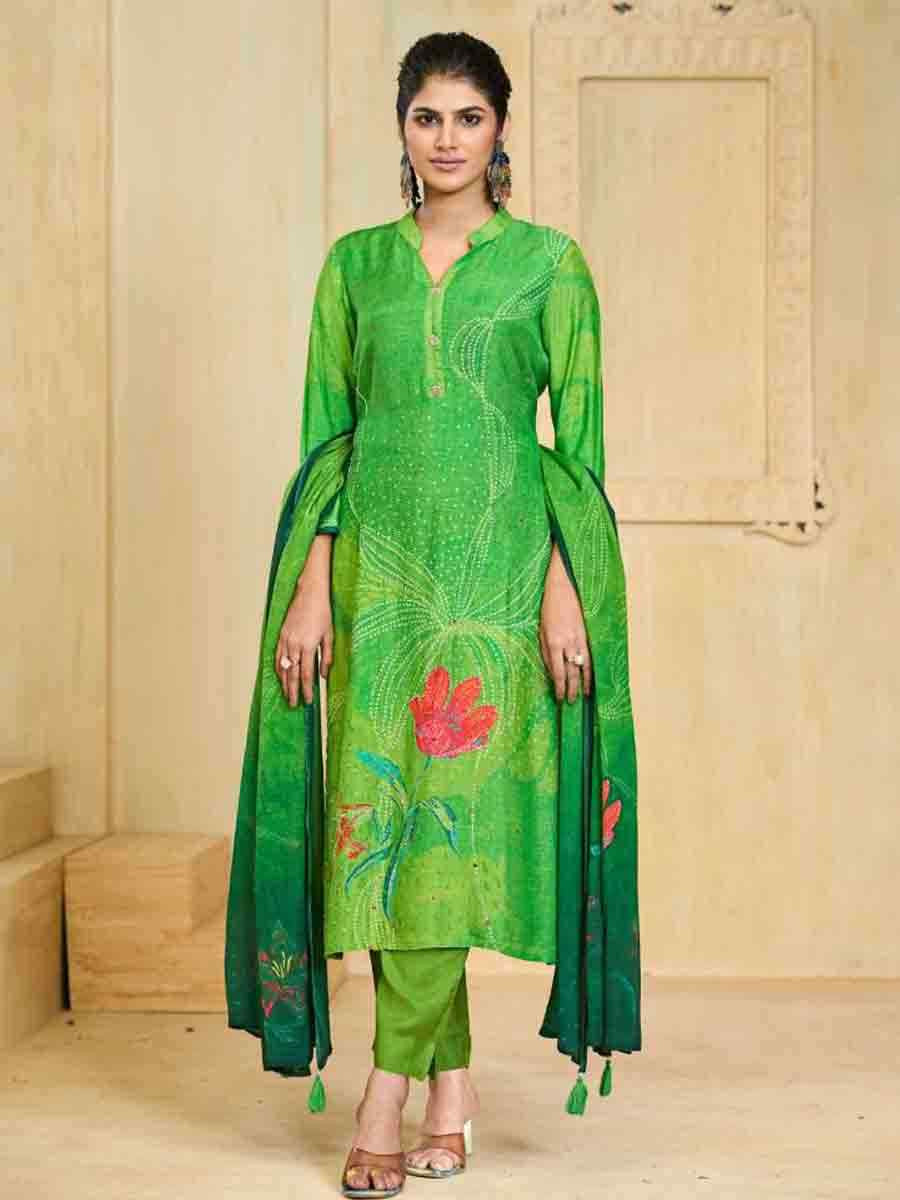 Green Pure Maslin Printed Festival Casual Ready Pant Salwar Kameez