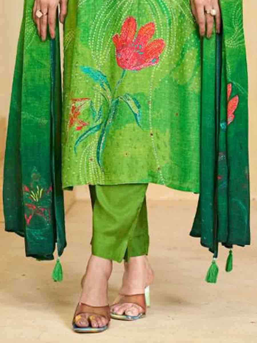 Green Pure Maslin Printed Festival Casual Ready Pant Salwar Kameez